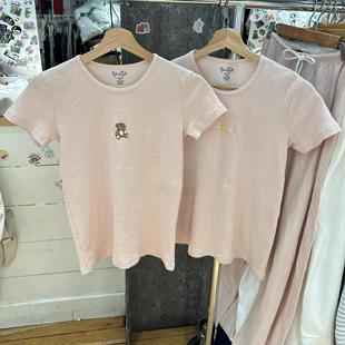 BM粉色条纹小熊小黄鸭刺绣短袖白色圆领百搭T恤女纯棉正肩上衣