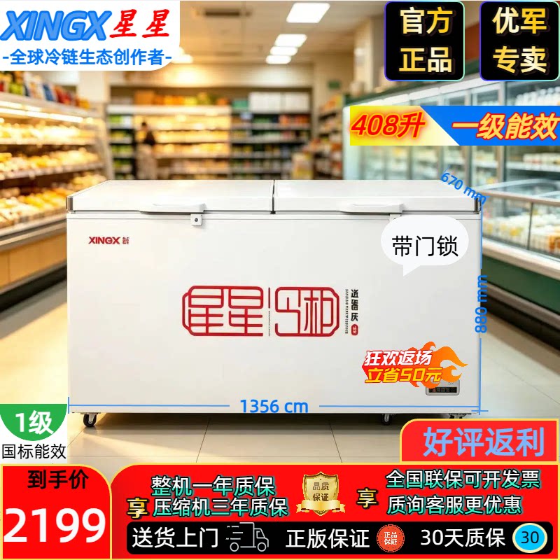 星星408L一级能效对开门冰柜商用餐饮店冷冻直冷卧式冷柜