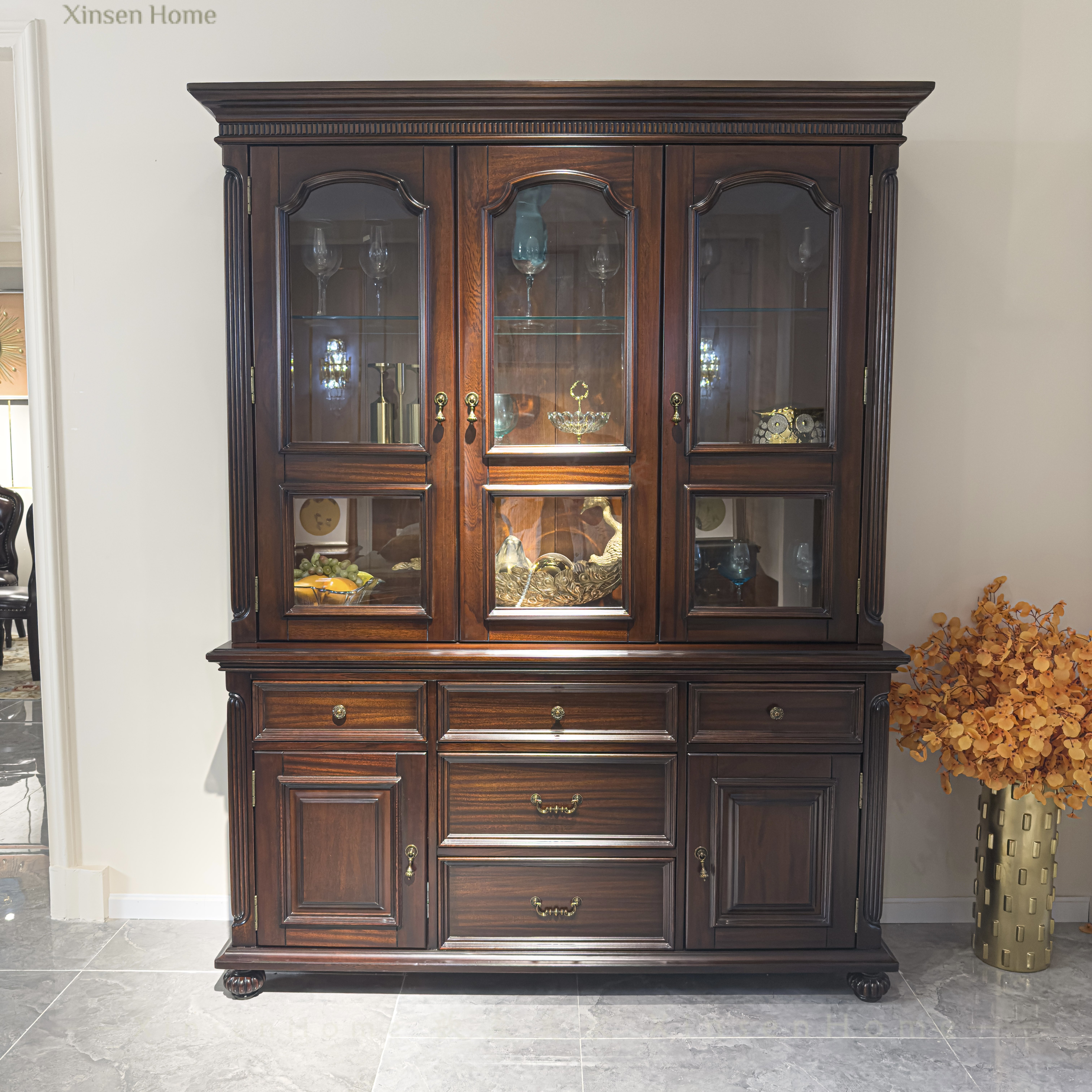 美式复古纯实木核桃木餐边柜酒柜三门玻璃门柜上下组合柜