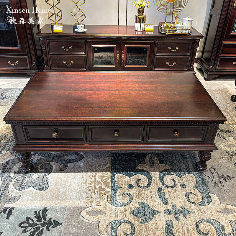 美式茶几纯全实木茶几电视柜组合客厅复古茶桌美式复古茶桌咖啡桌