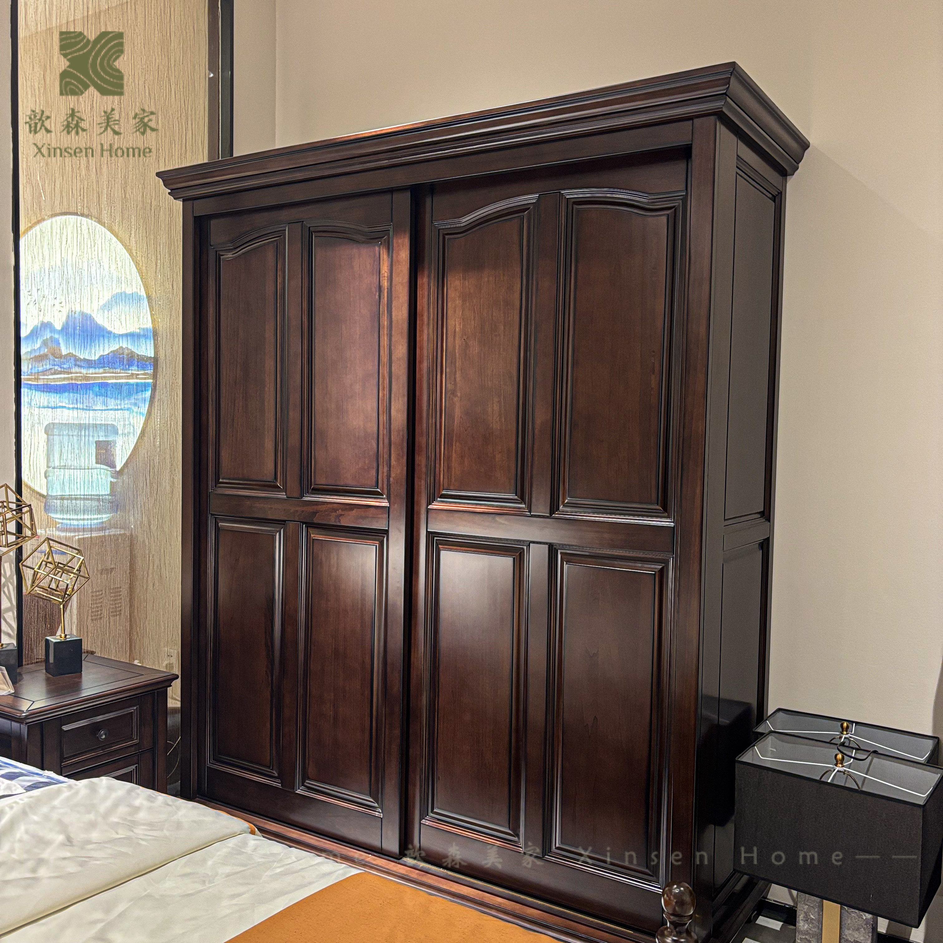 美式全实木推拉门衣柜卧室乡村复古纯实木小户型储物柜衣橱衣帽间