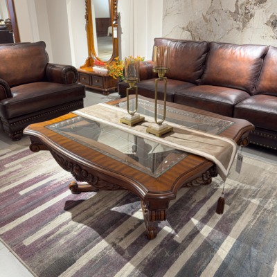 美式新古典全实木玻璃面茶几