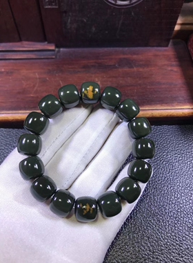 圆珠手串和田玉籽料大珠子带皮绿析木河磨玉墨玉老形珠手链81克
