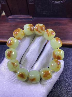 和田玉析木籽料黄白老玉河磨玉15x16老形手串手链97克厂家直销