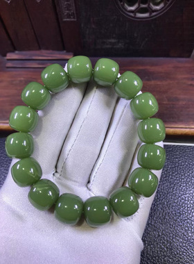 纯天然正品和田玉析木绿河磨玉椴树林13x14老形珠手串手链78克