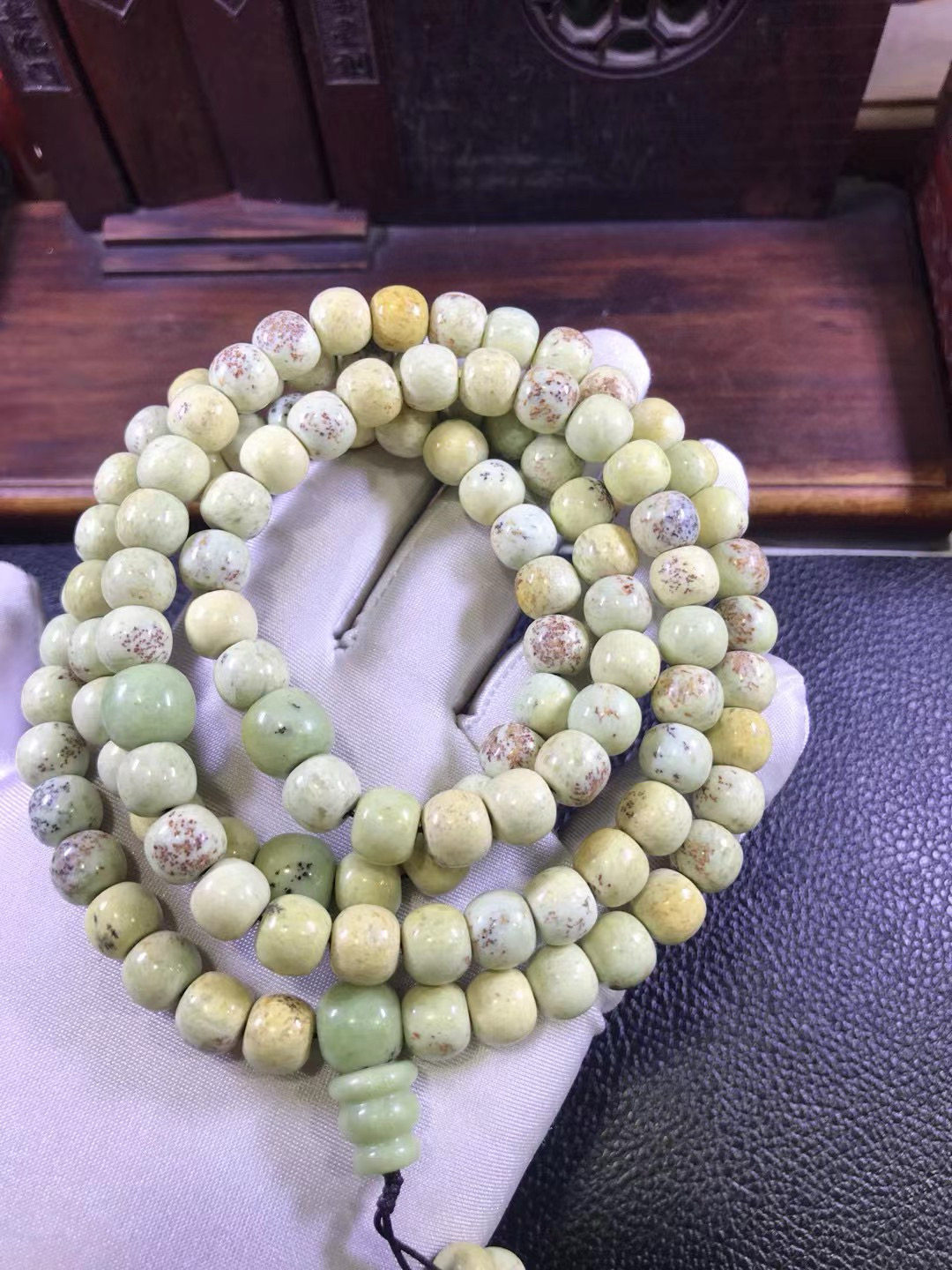 椴树林河磨玉青花瓷108粒佛珠项链167克析木河磨玉和田玉厂家直销