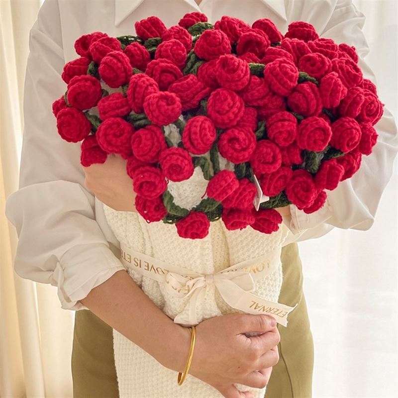 成品纯手工编织玫瑰花束毯子永生花午睡花毯毛线团花朵玫瑰花毛毯