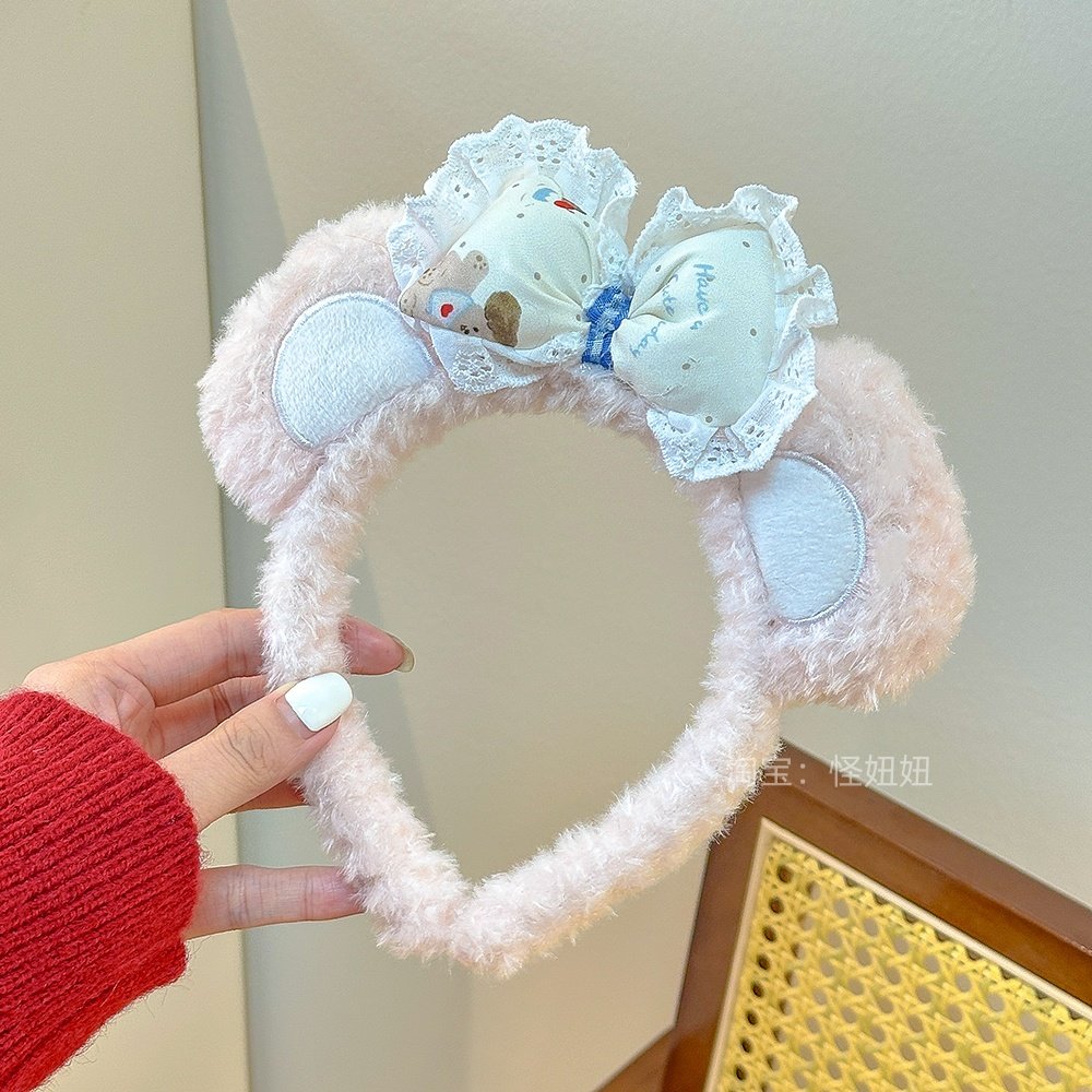 秋冬新款粉色可爱蝴蝶结小熊发箍卡通少女心洗脸发箍超萌化妆头箍