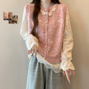 春秋2025大码 女 微胖mm温柔气质蝴蝶结针织马甲蕾丝打底衫 两件套装