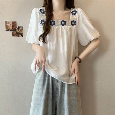 大码法式方领短袖衬衫女夏季胖mm设计感泡泡袖显瘦娃娃衫甜美上衣