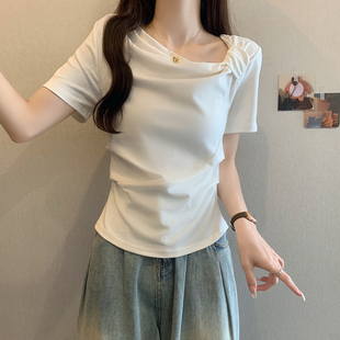 設計感不規則露肩短袖 大碼 胖mm小個子褶皺修身 顯瘦上衣 t恤女夏季
