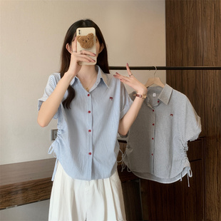 胖mm抽褶系带宽松小个子上衣 学院风Polo领条纹短袖 衬衫 女夏季 大码