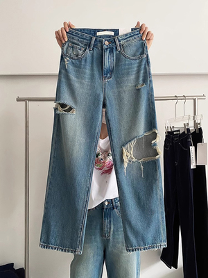 广州十三行爆款高腰直筒破洞牛仔裤女夏季韩版小个子九分阔腿裤子