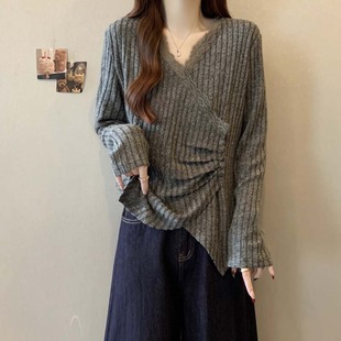 不规则长袖 微胖mm显瘦蕾丝花边拼接上衣 针织打底衫 女早春2025大码