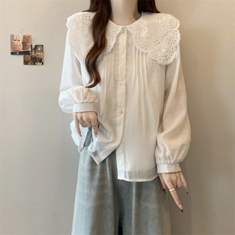 韩版甜美勾花镂空娃娃领长袖衬衫女大码胖mm宽松显瘦减龄防晒上衣