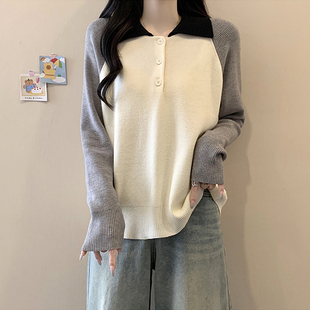 洋气复古撞色polo领针织衫 打底毛衣 女秋冬大码 胖mm显瘦宽松插肩袖