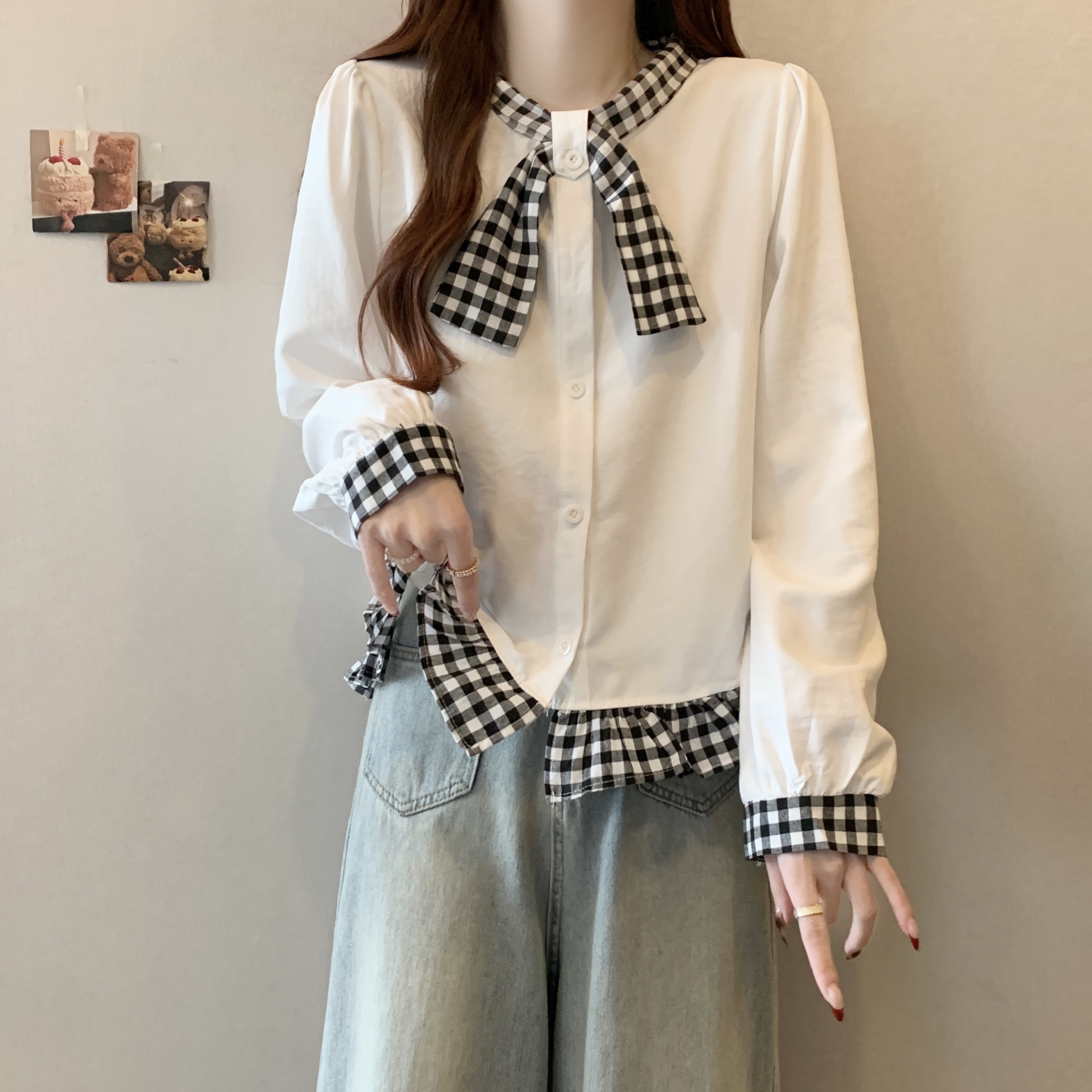法式格子拼接长袖衬衫女春季2025大码胖mm系带蝴蝶结气质减龄上衣