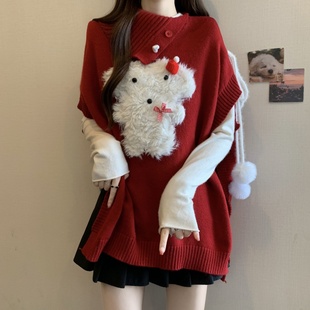 微胖mm洋气翻领软糯针织上衣 红色毛绒卡通斗篷披肩毛衣女秋冬大码