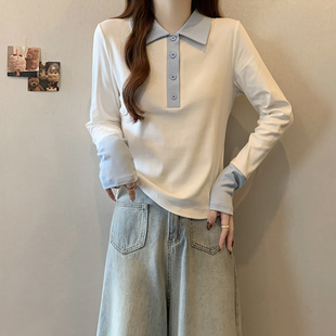 显瘦撞色内搭上衣 韩系polo领打底衫 长袖 T恤女大码 胖mm高级感修身