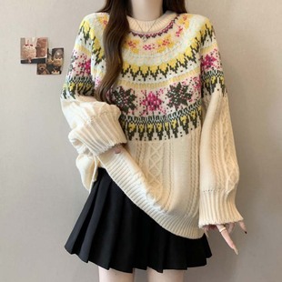 胖mm宽松慵懒风软糯针织上衣 高级感洋气复古费尔岛毛衣女秋冬大码
