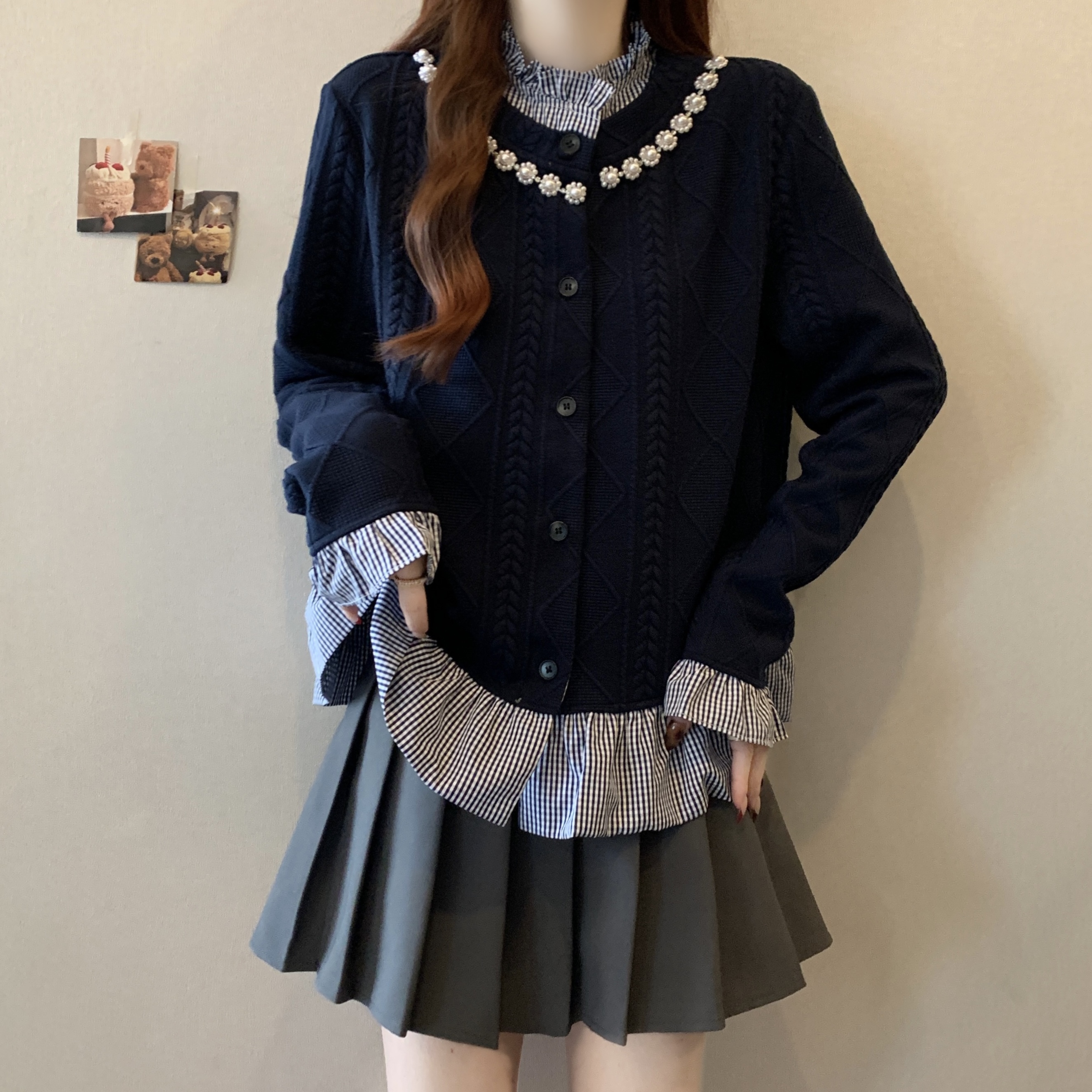 韩系衬衫拼接毛衣外套女春秋大码胖mm显瘦遮肉假两件针织开衫上衣