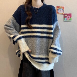 毛衣女秋冬大码 毛茸茸条纹撞色软糯针织衫 胖mm松弛感宽松洋气上衣