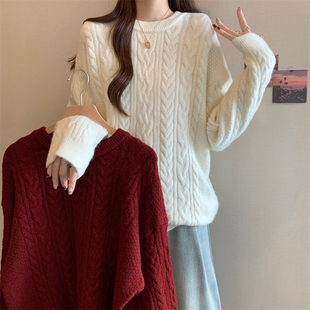 红色加厚圆领套头麻花毛衣女秋冬胖mm宽松遮肚显瘦慵懒风针织上衣
