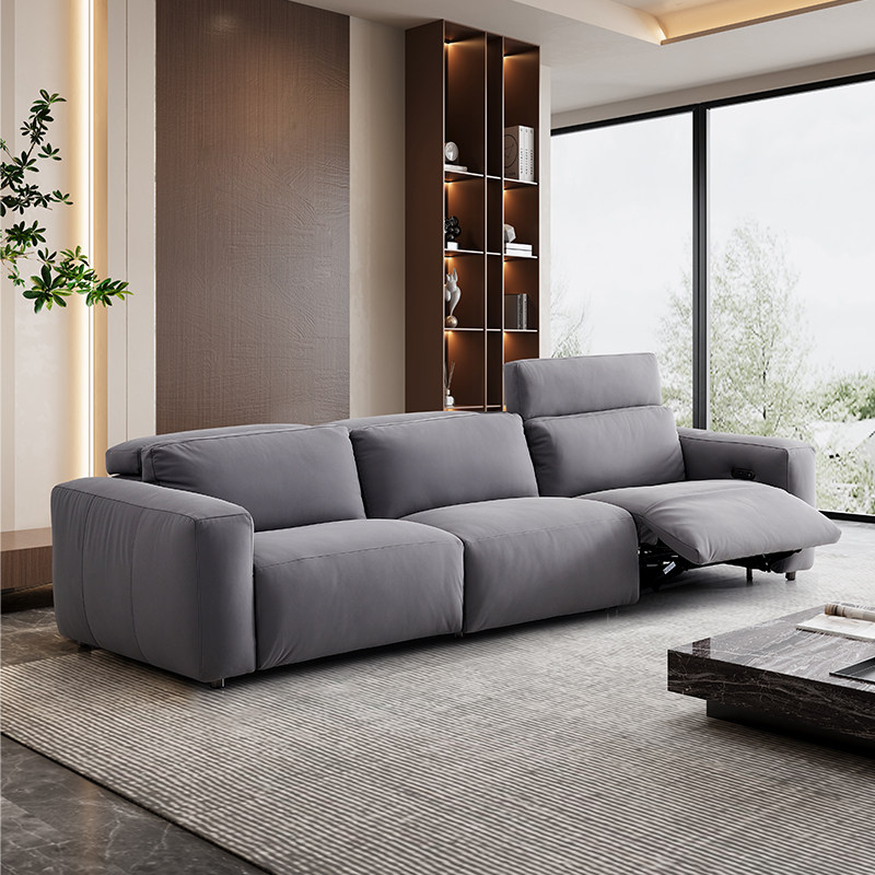 意式极简头层牛皮多功能电动可调节直排三人位豆腐块真皮沙发组合