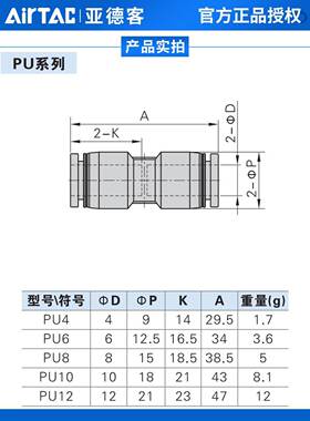亚德客气动PU气管接头一盒装灰色直通等径快速插头PU4-6-8-10-12