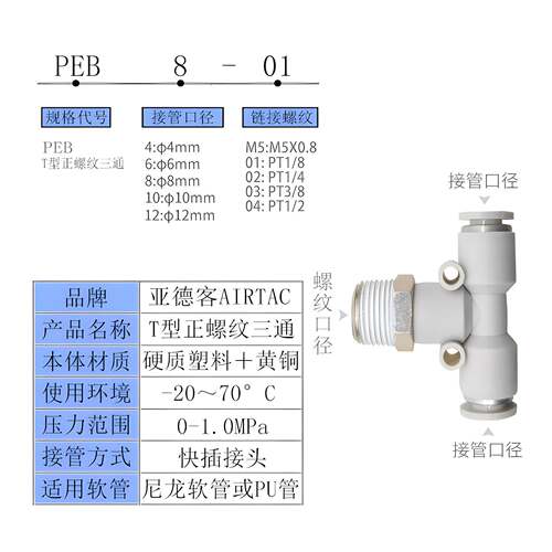 亚德客气动PZB气管快插PEB/PED/PYB4/6/8/10/12-02/03/01螺纹接头