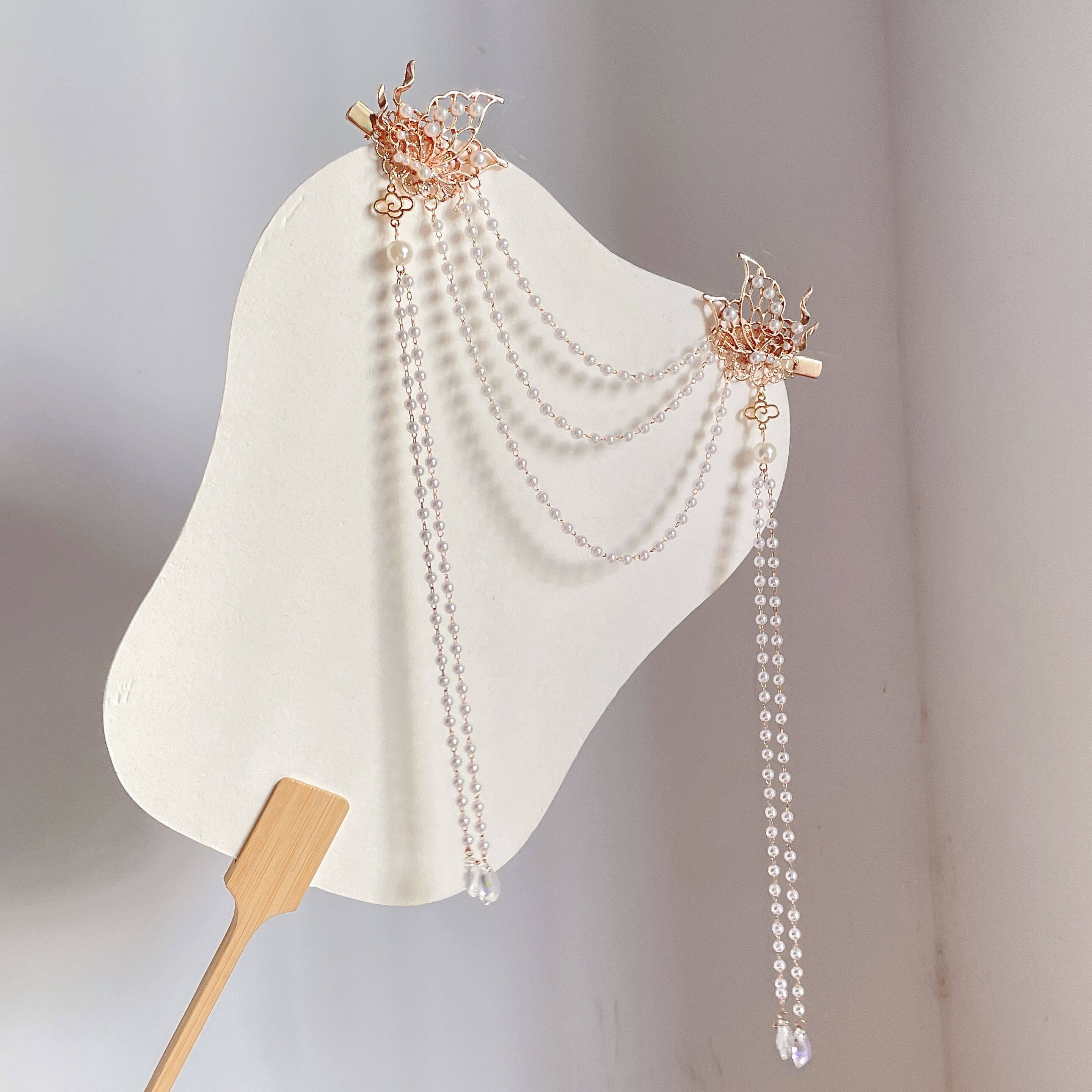 超仙珍珠蝴蝶流苏后压发夹额链中国风汉服配饰对夹头饰女日常饰品