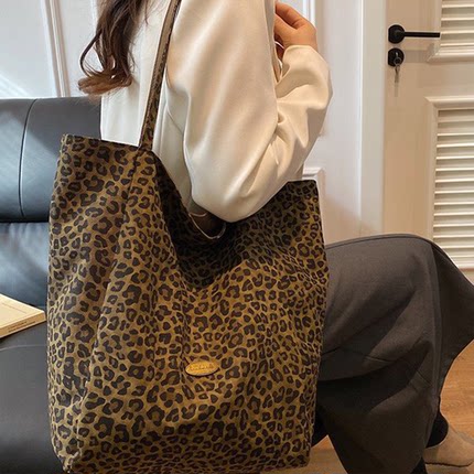 大容量豹纹麂皮绒帆布包包女2025新款上班通勤单肩腋下包购物袋