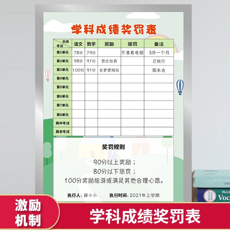 磁性框小学儿童学科成绩奖罚表制度学习激励计划表自律表记录表