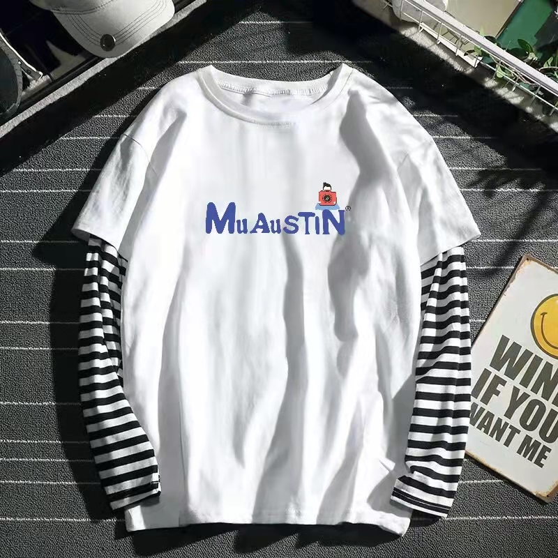 春夏季假两件条纹长袖T恤情侣装韩版宽松大码ins潮流卫衣潮1/2件