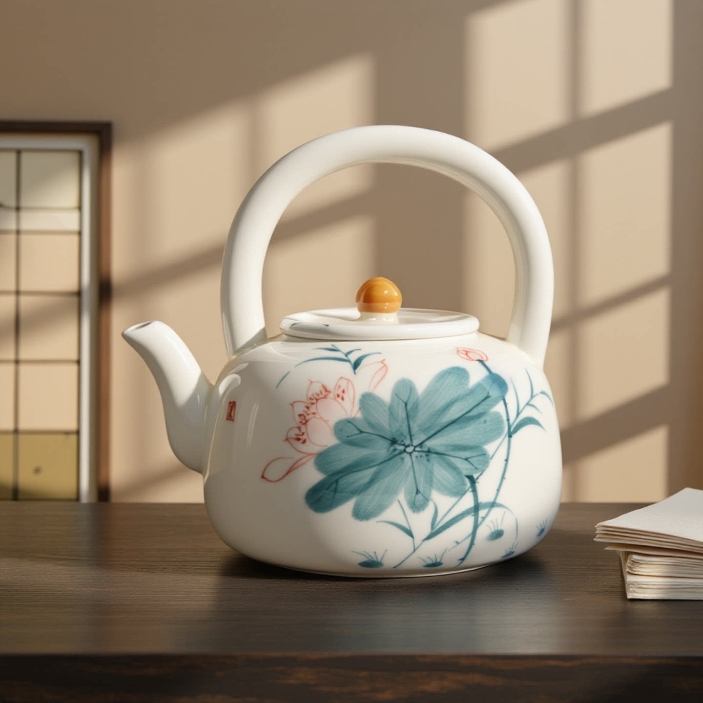 手绘荷花提梁壶茶具套装家用泡茶壶茶杯釉下彩高档泡茶陶瓷大容量
