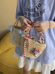 玉米皮卡通手提草编包蝴蝶结编织包可爱挂饰手提包儿童包菜篮子