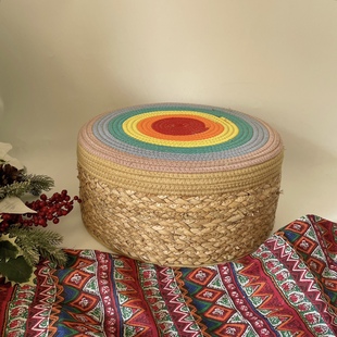 彩虹棉绳拼接草编榻榻米坐垫加厚海绵蒲草蒲团坐垫实心小凳子桌子