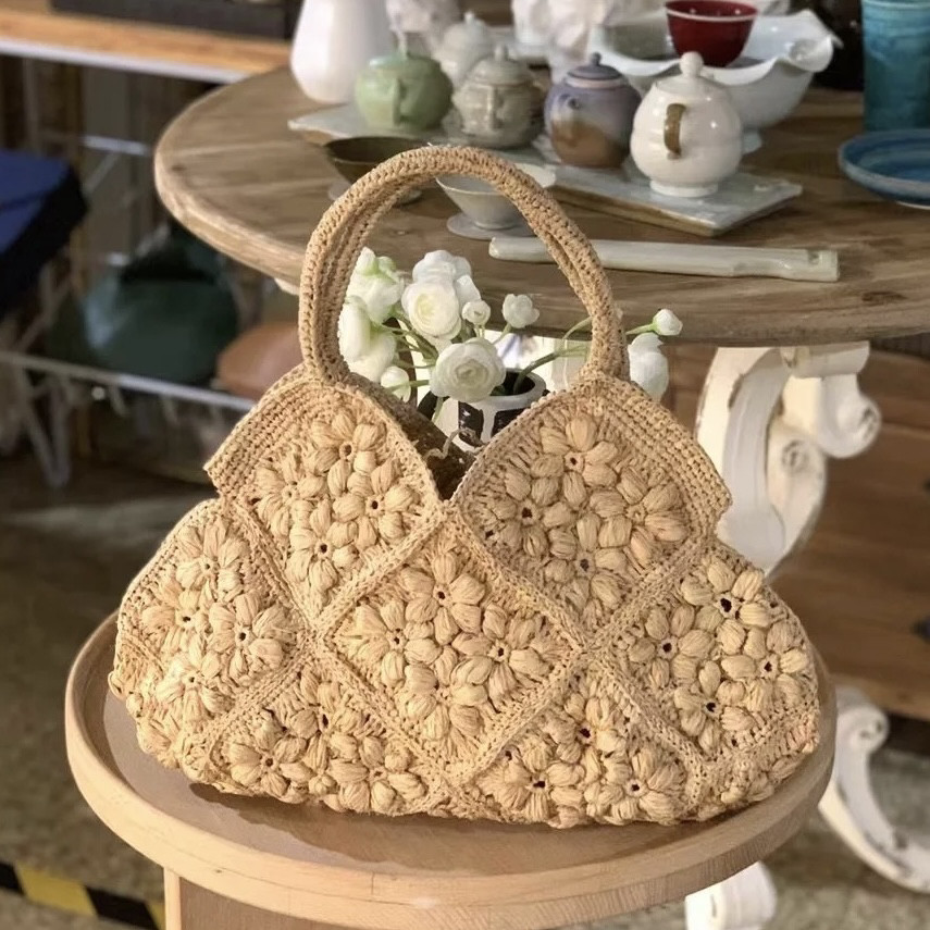 拉菲草饺子包纯手工编织包立体花朵外贸手提单肩托特女包