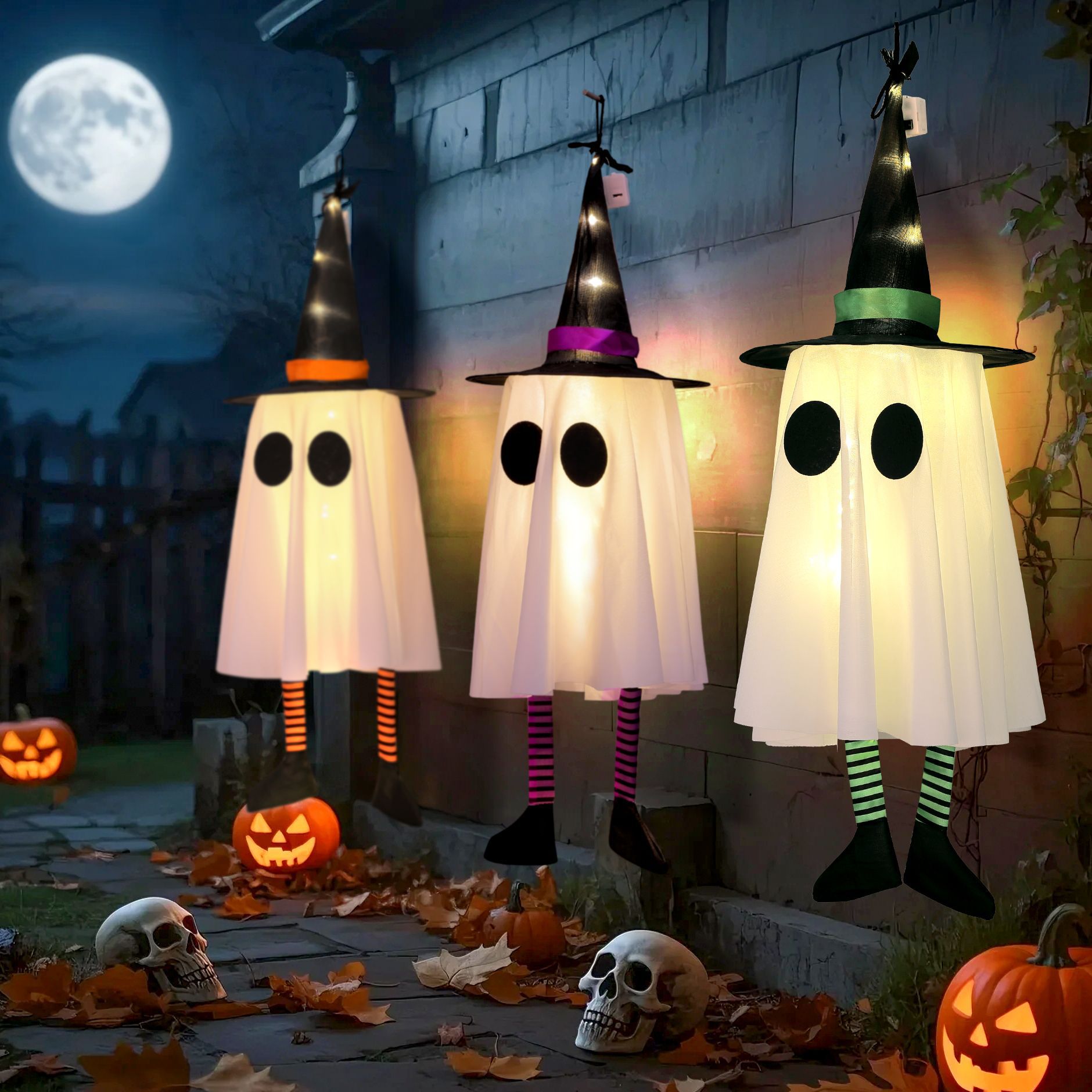 发光万圣节装饰巫师帽女巫吊鬼led彩灯挂件鬼节恐怖氛围布置挂饰