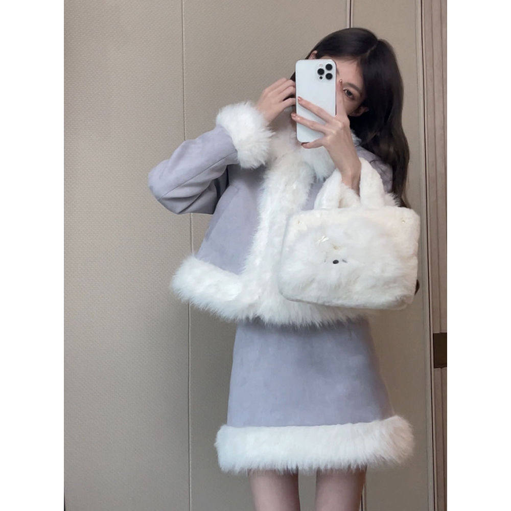 法式小香风套装女秋冬季高级感夹棉外套上衣小个子气质高腰半身裙