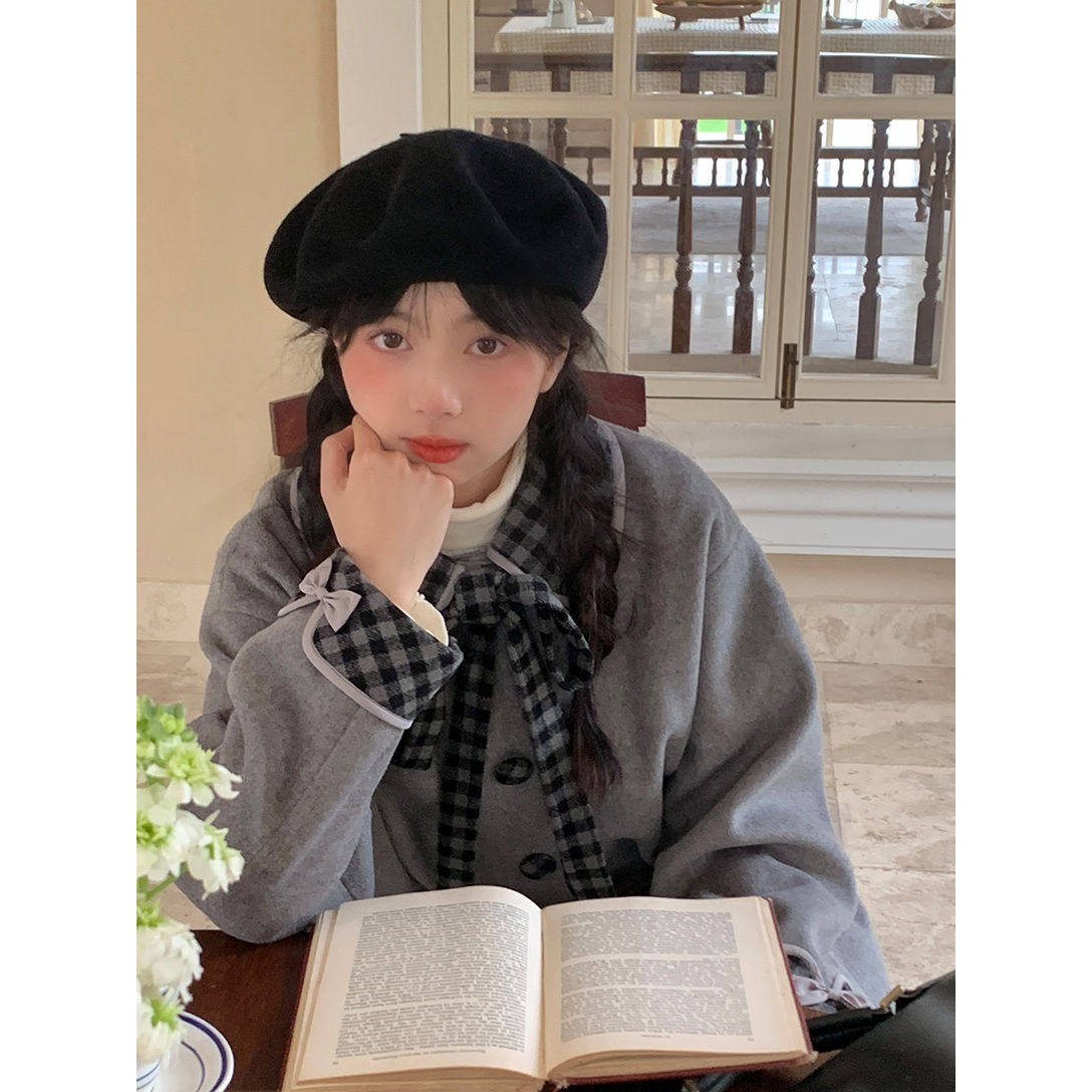 乌77复古格纹连帽可拆卸毛呢外套女设计感宽松百搭中长款呢子大衣
