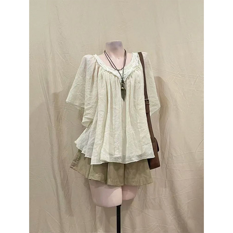 日系复古甜美套装女夏季2025新款小众设计感宽松上衣+短裙两件套