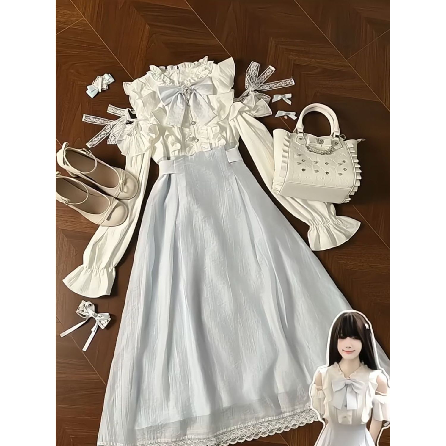 '雾海信'甜美少女风清楚系水色露肩连衣裙夏日常甜美收腰短裙长裙