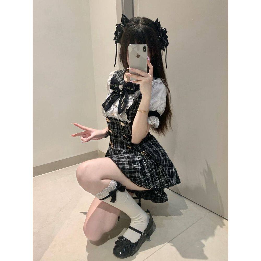 连衣裙日系日产量产型小香风套装衬衫短裤连衣裙两件套装