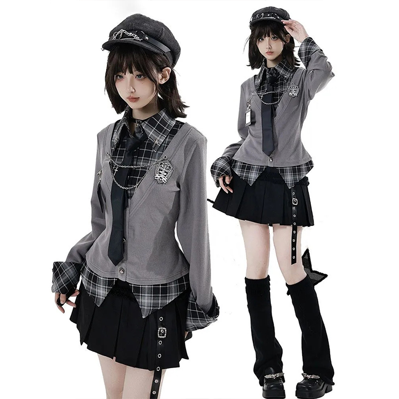 假两件收腰衬衫上衣+百褶裙套装