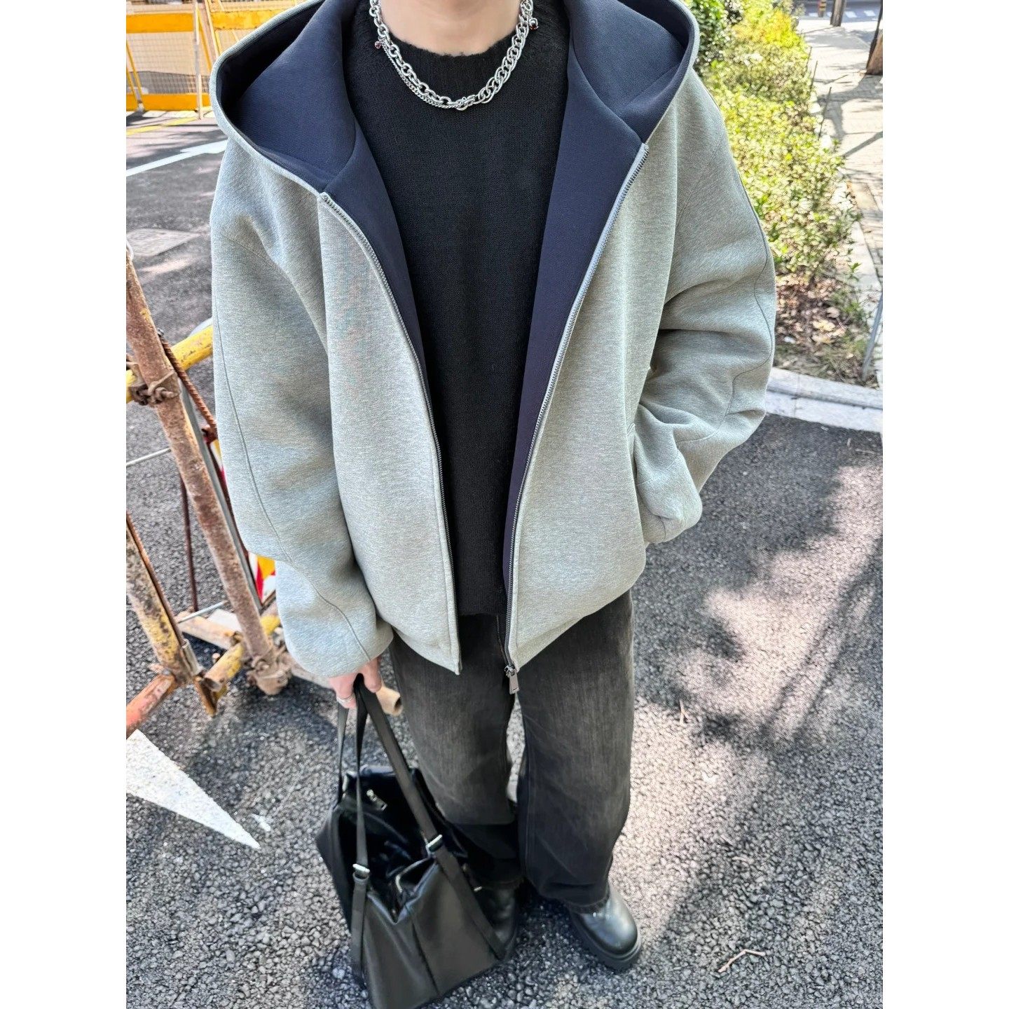 灰色重磅拉链开衫卫衣男款秋季宽松休闲连帽外套拼接运动情侣夹克