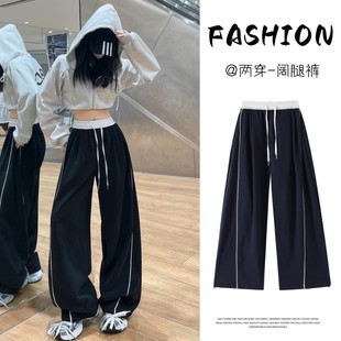 裤 女宽松显瘦百搭阔腿拖地裤 子 STUDIO秋冬蓝色抽绳休闲运动裤 KEN