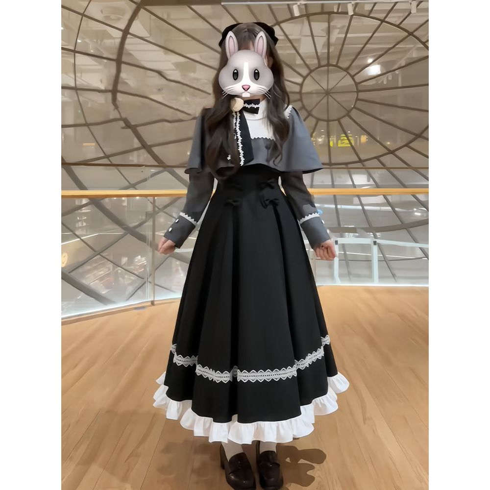 日常cos服通勤中长款连衣裙+蝴蝶结小斗篷外套两件套洛丽塔圣诞节