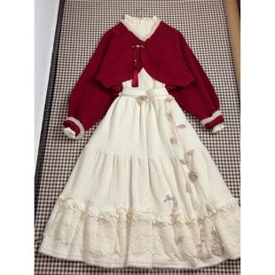 国风大红新年战袍套装女2025新款巨好看的冬装裙子针织毛衣外套女