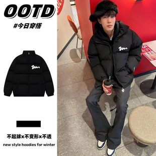 黑色无帽立领羽绒服男款冬季美式高街情侣面包服痞帅潮牌加厚棉衣